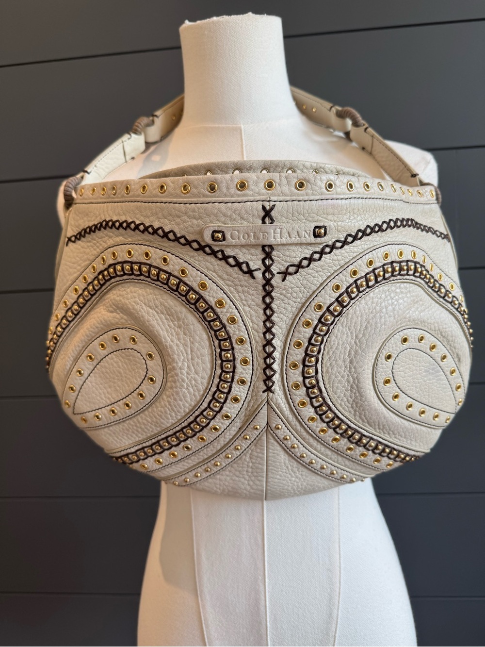 Cole Haan Vintage Y2K Cream Soft Leather Studded Shoulder Hobo Bag Collectors